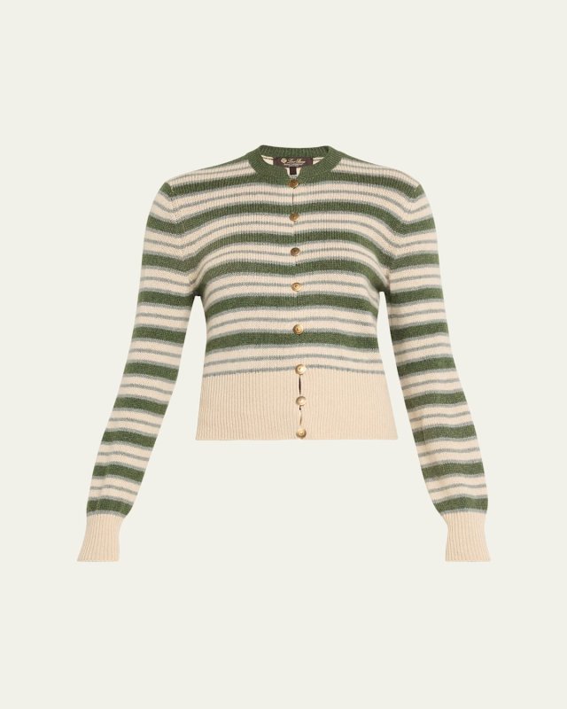 Fobello Striped Cashmere Crewneck Cardigan